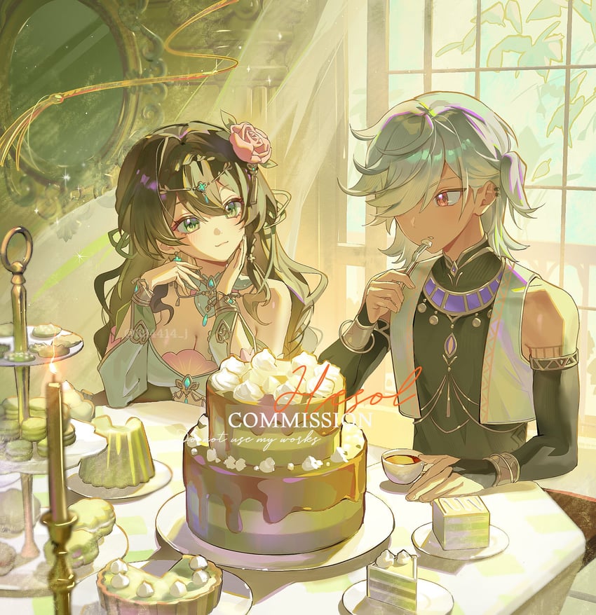 原神、原创、赛诺 (原神) 1名男孩 1名女孩 阿拉伯服饰 露肩 黑衬衫