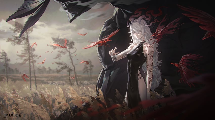 原创 1名女孩 手臂放在侧边 作者名 鸟 黑色连衣裙