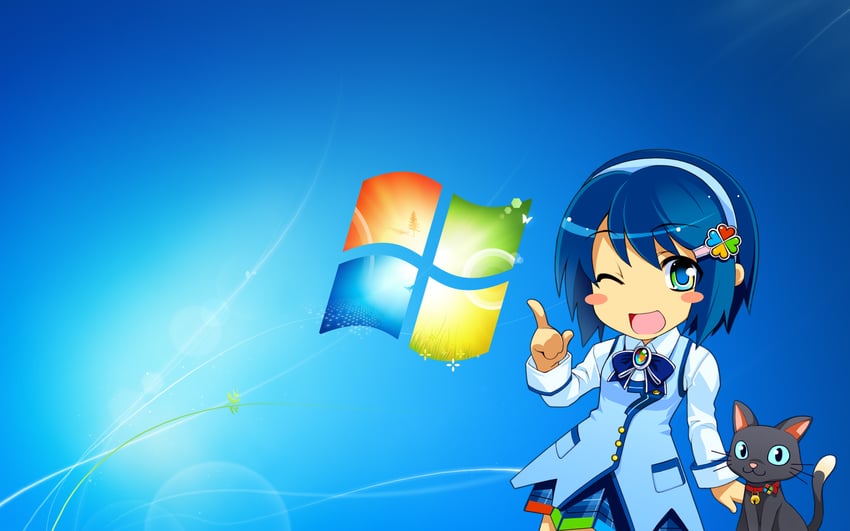 微软视窗、系统娘、Windows 7 1名女孩 动物 铃铛 黑猫 蓝色背景