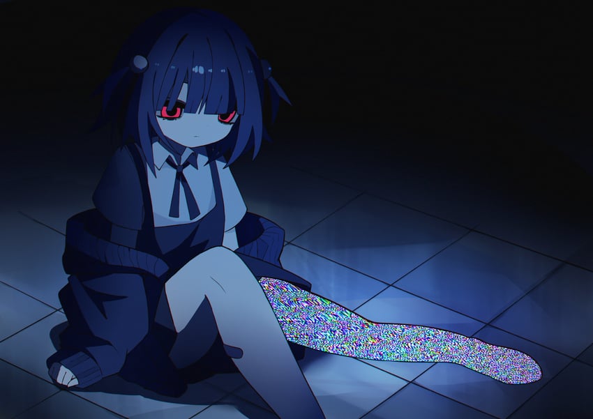 原创 1名女孩 围裙 腿部绷带 绷带 黑色背景