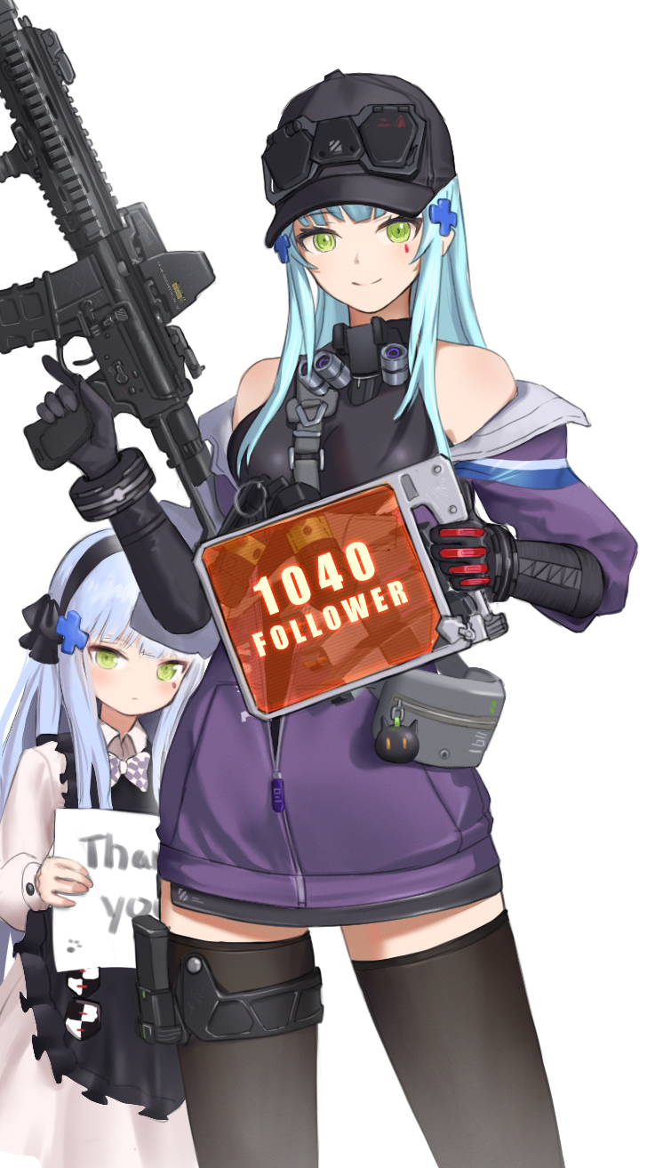 少女前线、少女前线2：追放、HK416 (黑猫的礼物) (少女前线) 2名女孩 异色发 水色发 突击步枪 棒球帽
