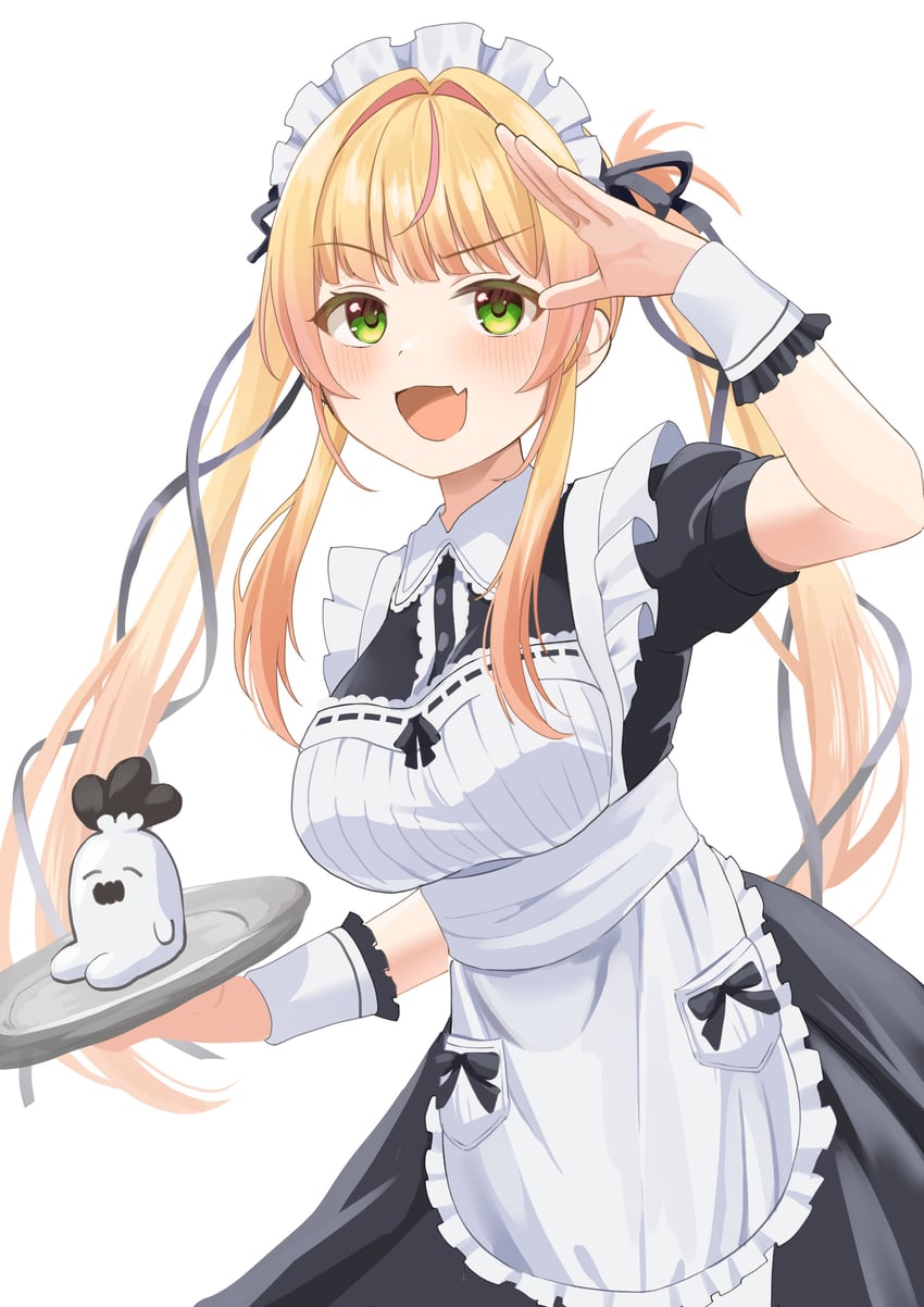 Hololive、桃铃音音、桃铃音音 (女仆) 1名女孩 替换服装 围裙 举手 黑色连衣裙
