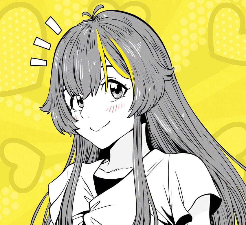 幕末志士频道、yukinoko (bakumatsu shishi channel) 1名女孩 金发 眉毛被头发遮住 灰度图彩背景 心