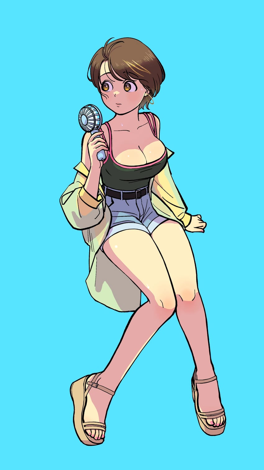 幕末志士频道、雾崎君是..、yukinoko (bakumatsu shishi channel) 1名女孩 裸腿 黑吊带背心 金发 蓝色衬衫