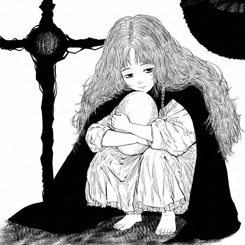 天使之卵 (动画)、少女（天使之卵） 1名女孩 赤脚 披风 闭嘴 十字架
