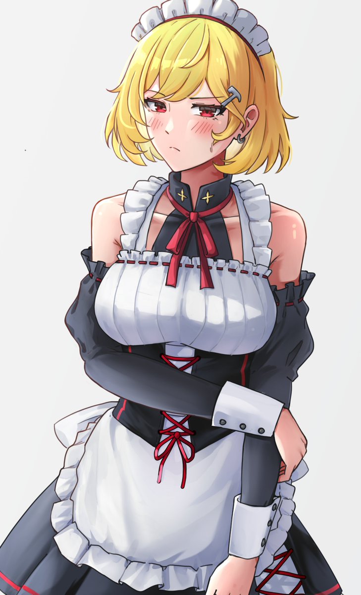 Hololive、Hololive Indonesia、Kaela Kovalskia 1名女孩 围裙 手臂横在腰上 黑色紧身胸衣 黑色裙子
