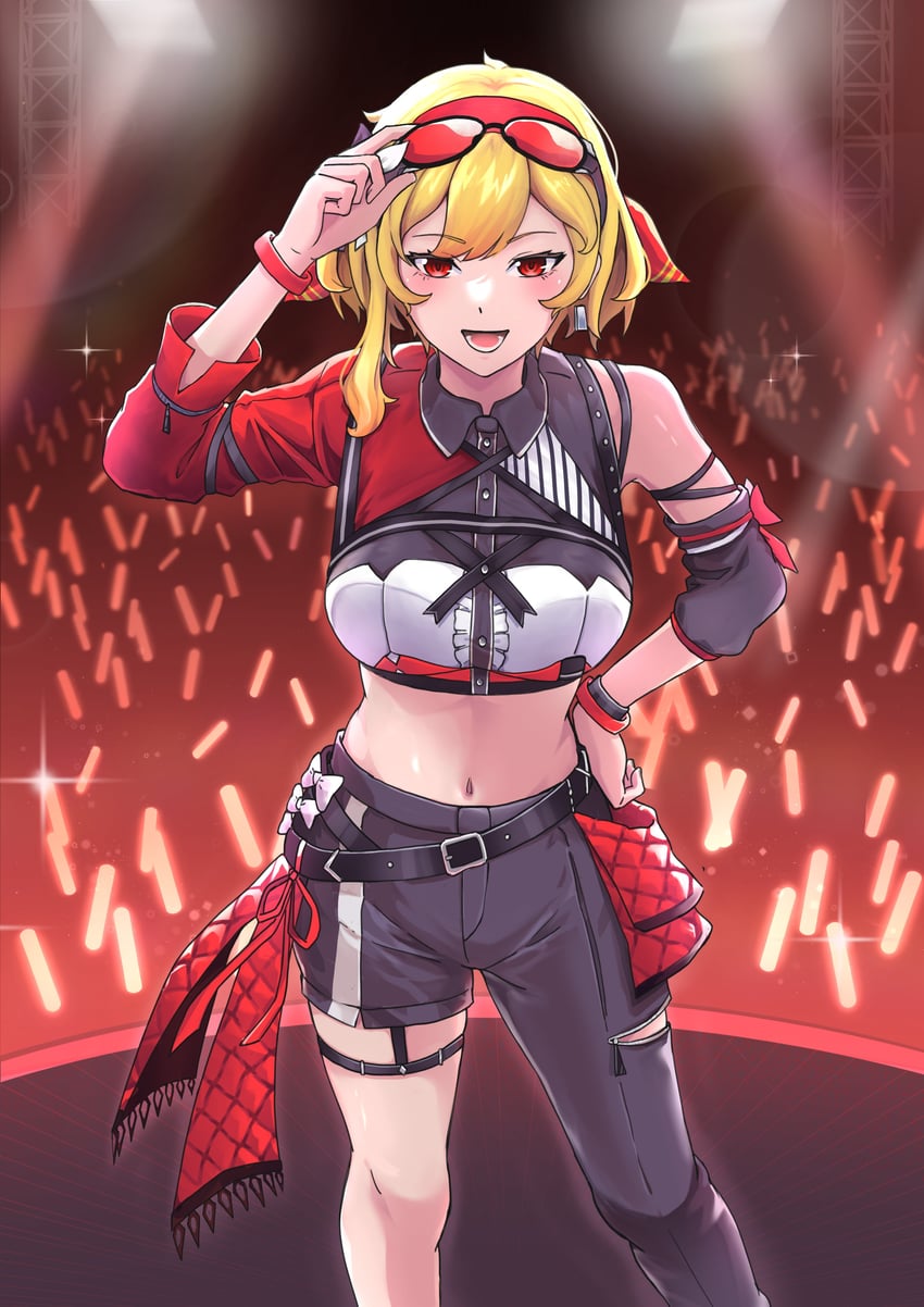 Hololive、Hololive Indonesia、Kaela Kovalskia 1名女孩 不对称服装 腰带 黑裤子 金发