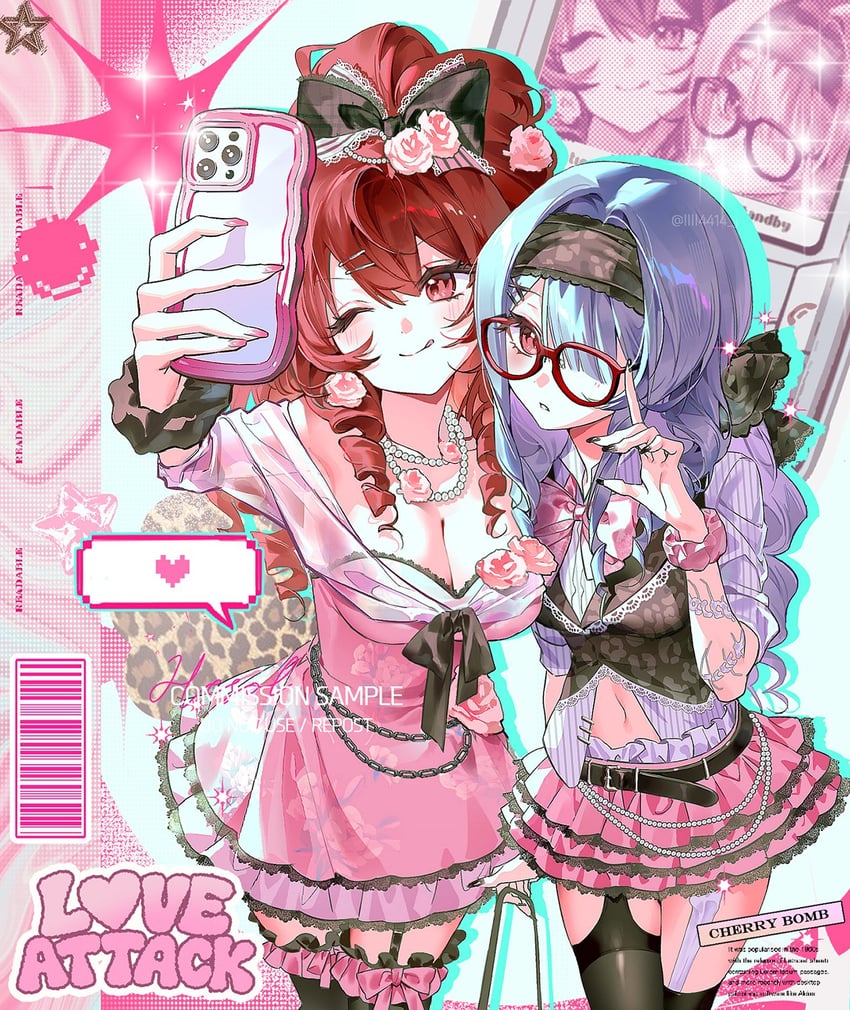 原创 2名女孩 腰带 黑色发带 黑色过膝袜 蓝发