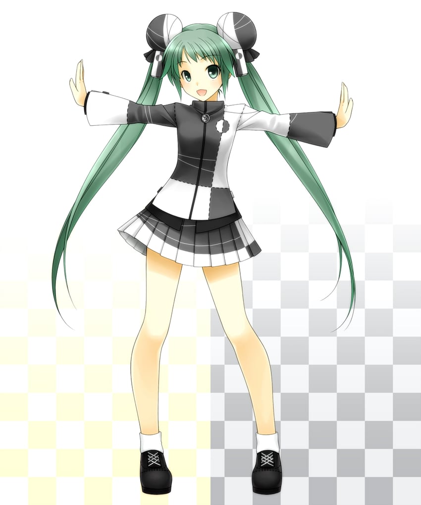 初音未来：歌姬计划系列、里表恋人 (Vocaloid)、VOCALOID 1名女孩 替换服装 不对称袖子 格子背景 有色皮肤