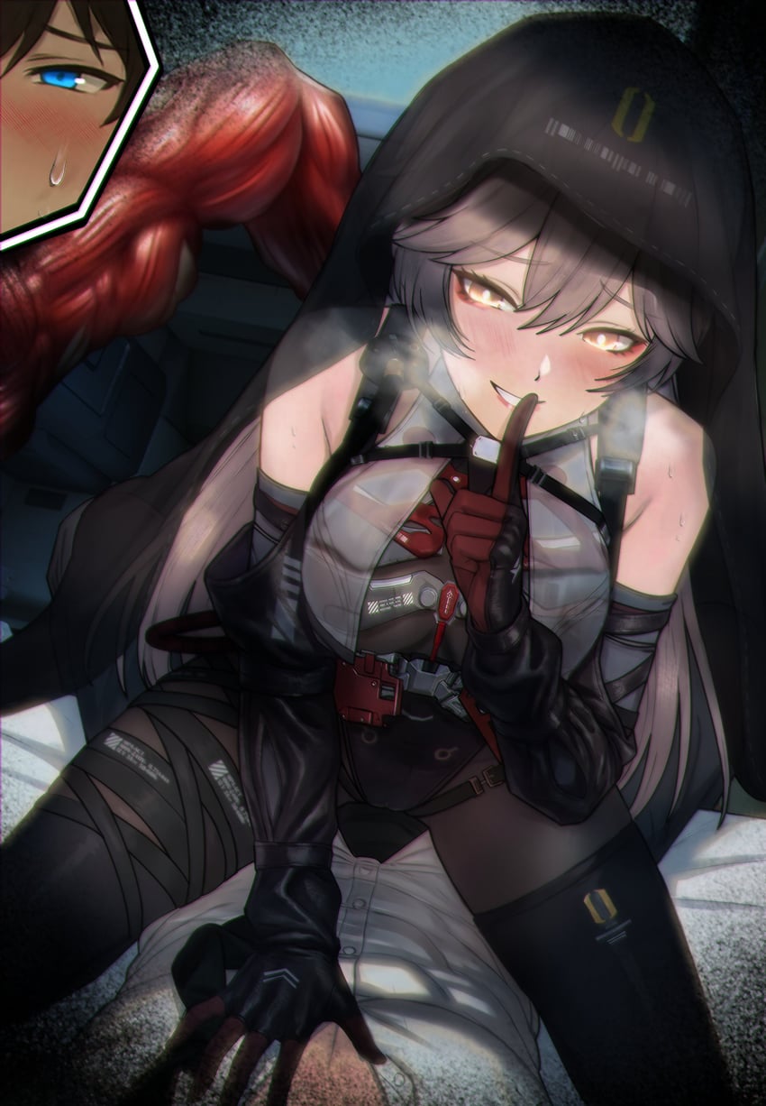 少女前线、少女前线2：追放、闪电 (少女前线2：追放) 1名男孩 1名女孩 露肩 黑色手套 黑色连裤袜