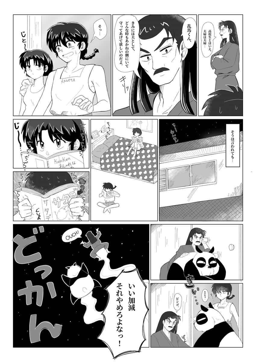 乱马1/2、早乙女玄马 (熊猫)、早乙女乱马 1名女孩 2个男孩 床 书 闭嘴