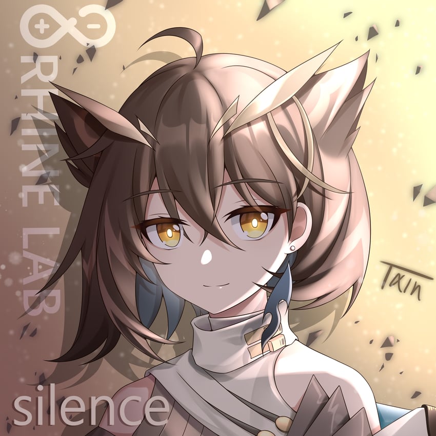 明日方舟、赫默、淬羽赫默 1名女孩 呆毛 露肩 棕色背景 棕眼睛