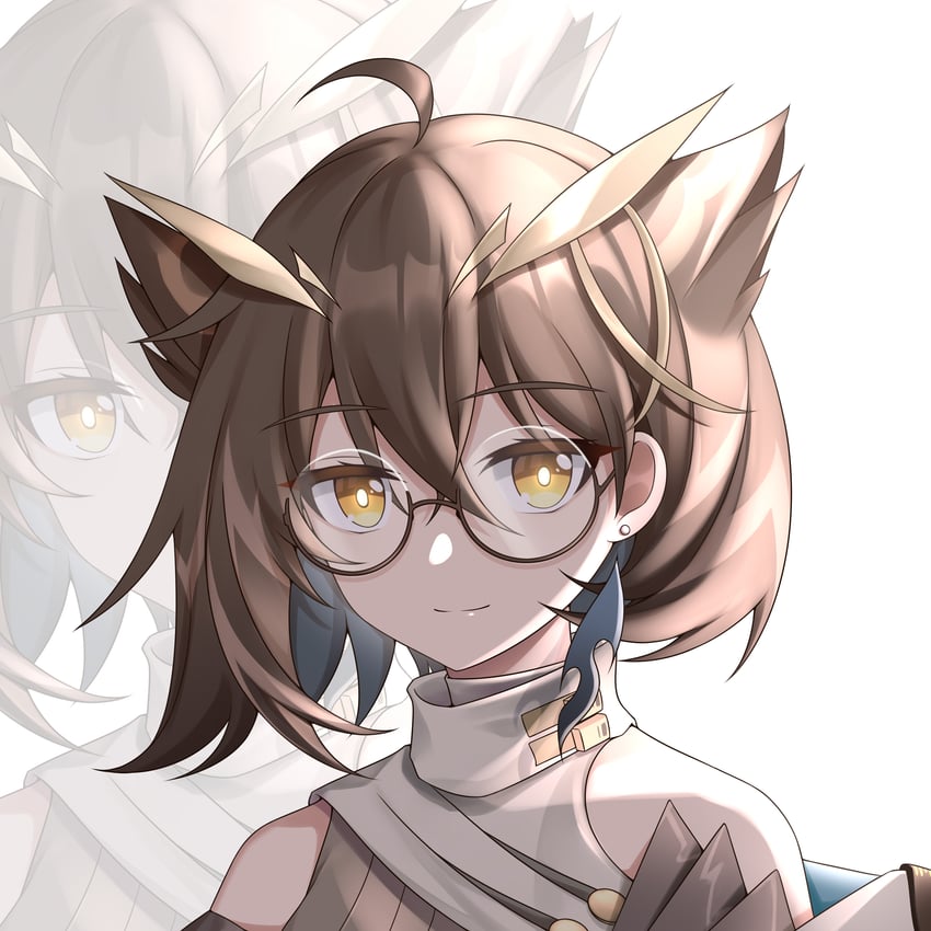 明日方舟、赫默、淬羽赫默 1名女孩 呆毛 露肩 棕色框眼镜 棕眼睛