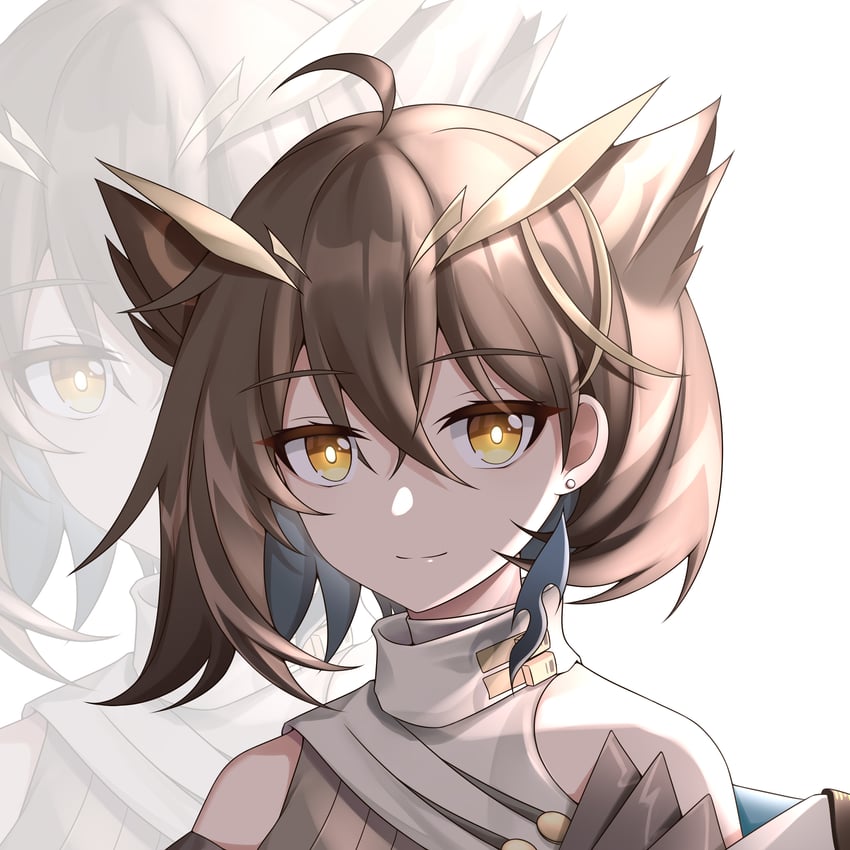 明日方舟、赫默、淬羽赫默 1名女孩 呆毛 露肩 棕眼睛 棕发