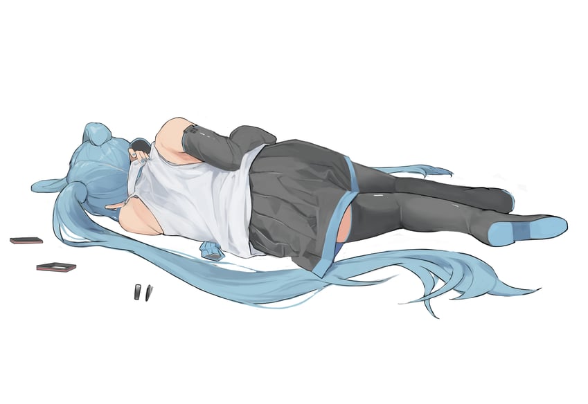 VOCALOID、初音未来 1名女孩 水色发 露肩 黑色靴子 黑色裙子