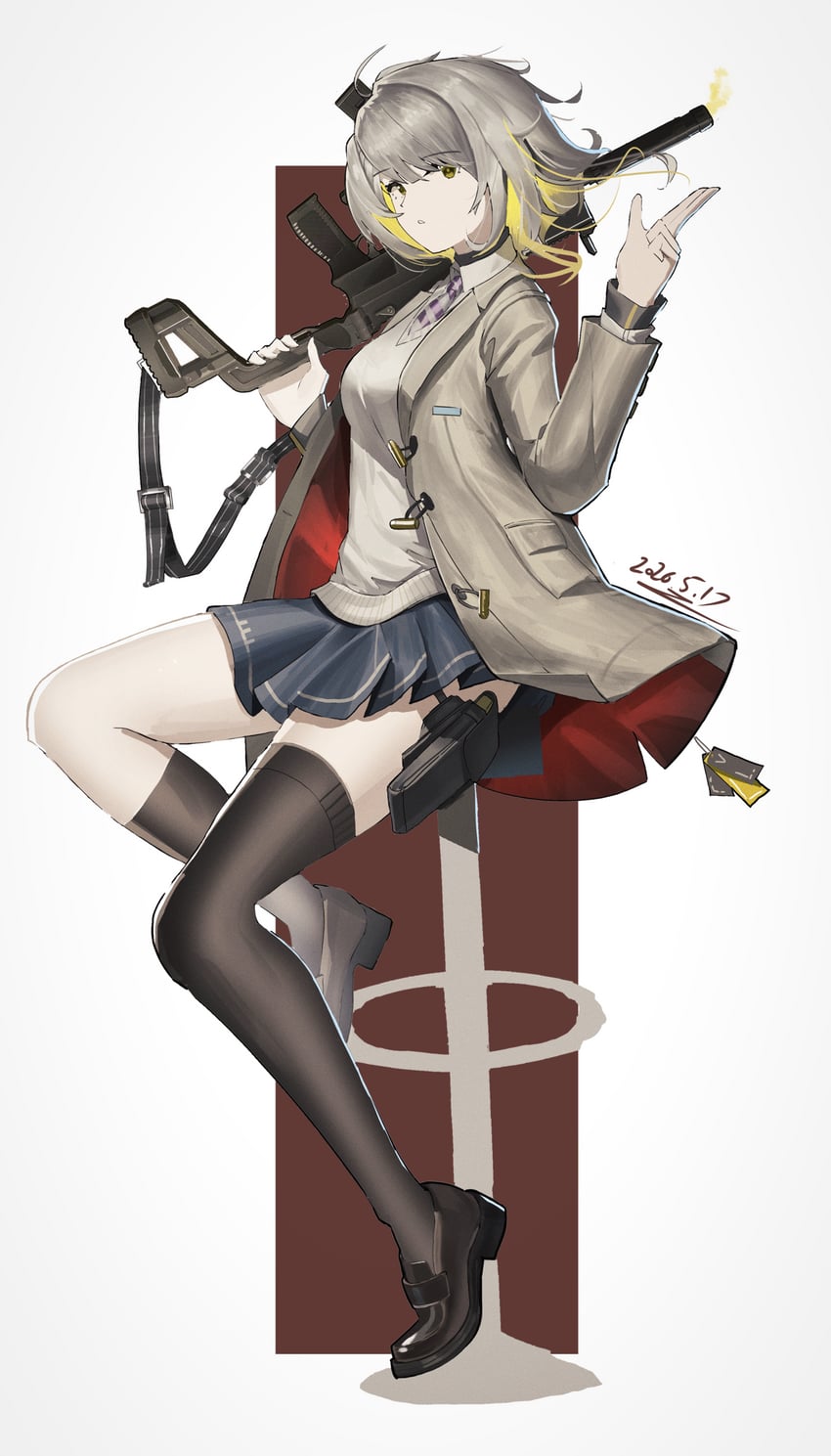 少女前线、少女前线2：追放、Vector (少女前线) 1名女孩 不对称腿部穿着 黑鞋 黑色过膝袜 金发
