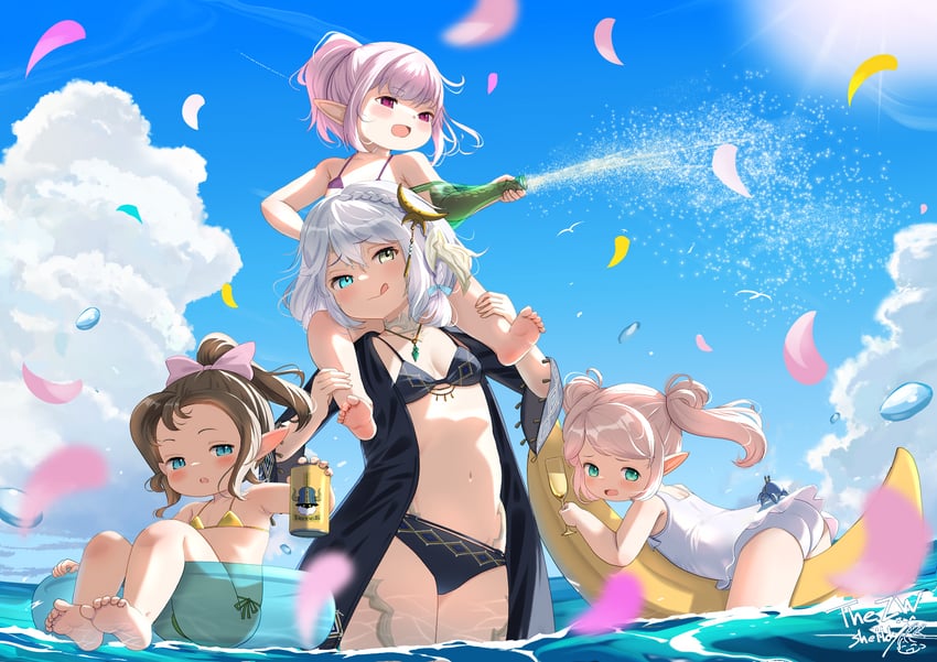 最终幻想、最终幻想14、可露儿·巴尔德西昂 (FF14) 4个女孩 酒 敖龙族 (FF14) 裸腿 海滩