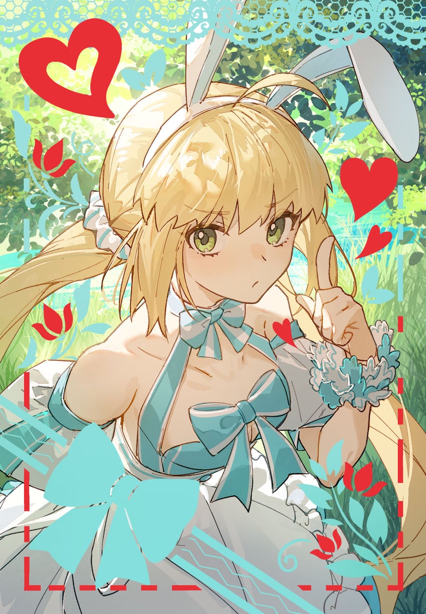 Fate/Grand Order、Fate系列、阿尔托莉雅·卡斯特 (Fate) 1名女孩 呆毛 兽耳发箍 兽耳 水蓝色蝴蝶结
