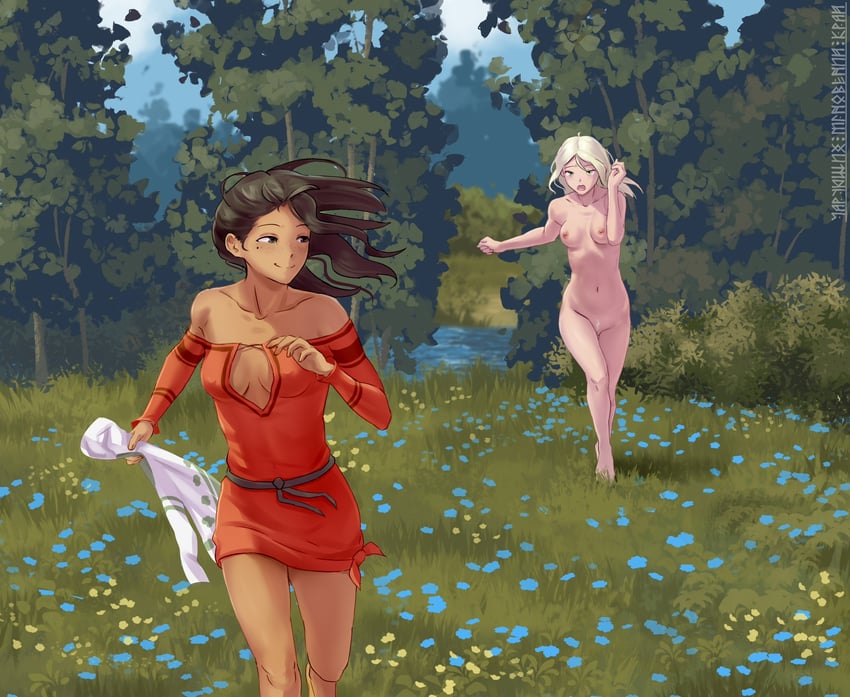 原创、RWBY、魏丝·雪倪 2名女孩 裸腿 露肩 赤脚 腰带