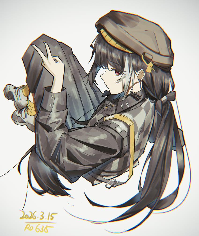 少女前线、RO635 (少女前线)、RO635（黑白丛林鸟）《少女前线》 1名女孩 贝雷帽 黑发 黑衬衫 黑色裙子