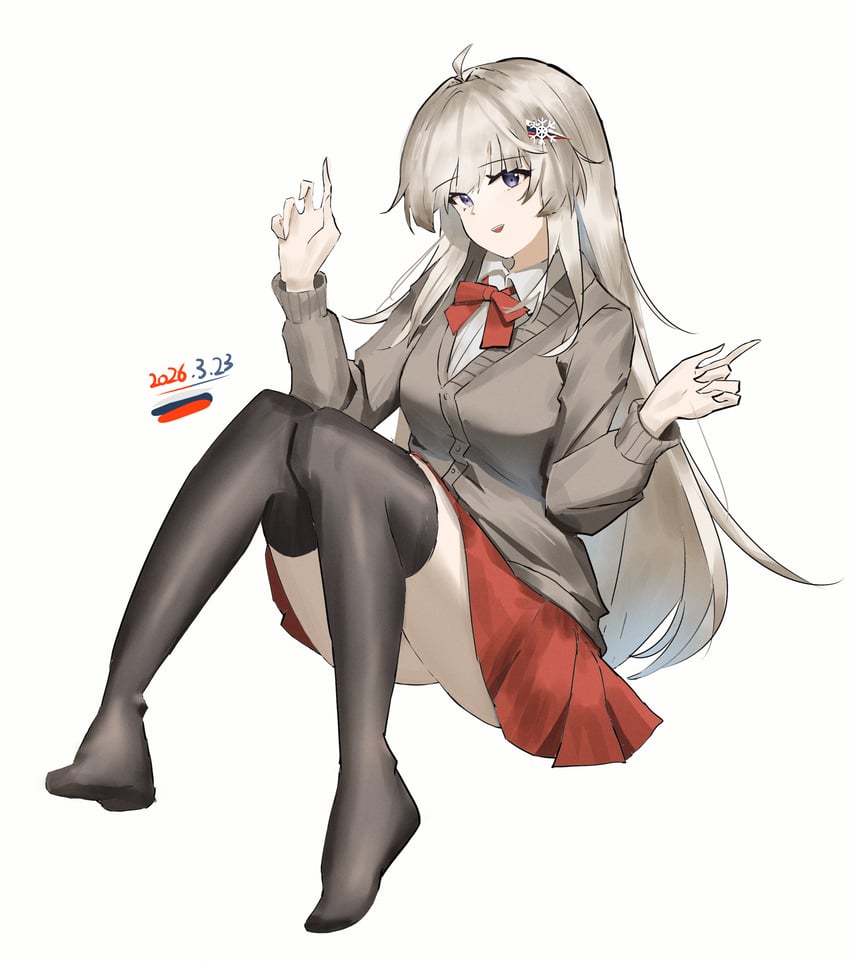 少女前线、AK-74M (少女前线) 1名女孩 呆毛 替换服装 举起双手 黑色过膝袜