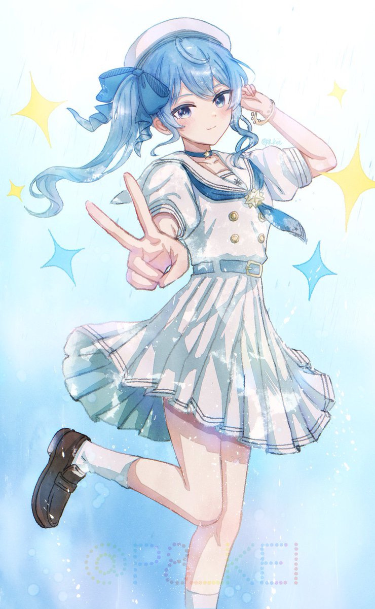 Hololive、星街彗星、星街彗星 (水手服) 1名女孩 蓝色背景 蓝眼 蓝发 手链