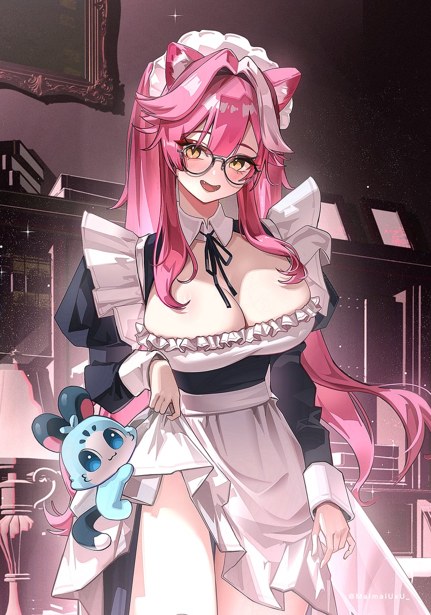 Hololive、Hololive英语、Chattino 1名女孩 兽耳 围裙 撩起围裙 黑色连衣裙