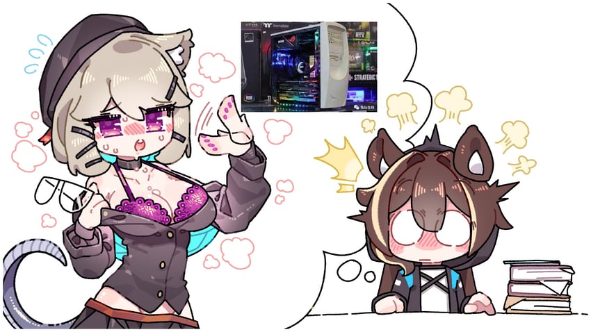 明日方舟、博士 (明日方舟)、博士 (女) (明日方舟) 2名女孩 兽耳毛 黑色裙子 金发 胸罩