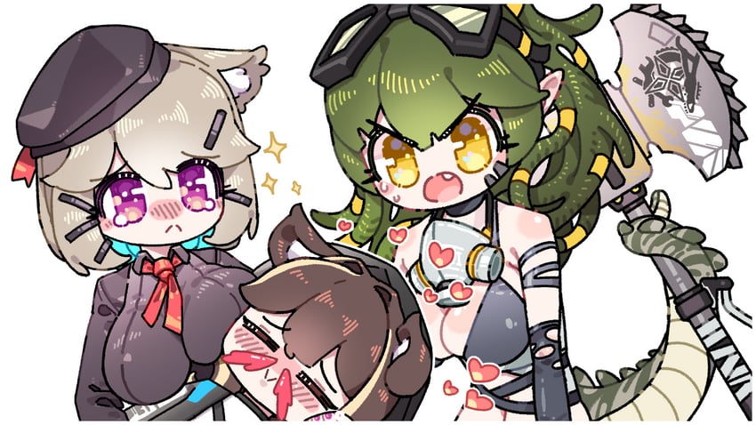 明日方舟、博士 (明日方舟)、博士 (女) (明日方舟) 3人女子 斧头 金发 血 乳房