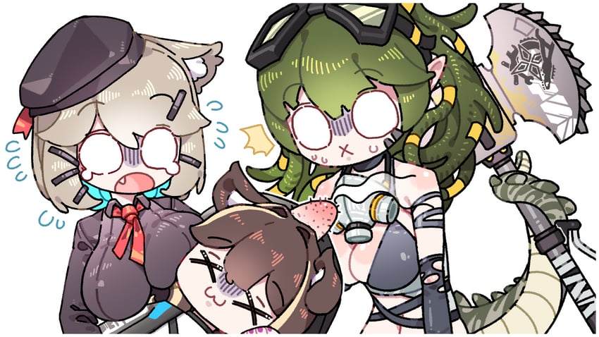 明日方舟、博士 (明日方舟)、博士 (女) (明日方舟) 3人女子 斧头 金发 血 乳房