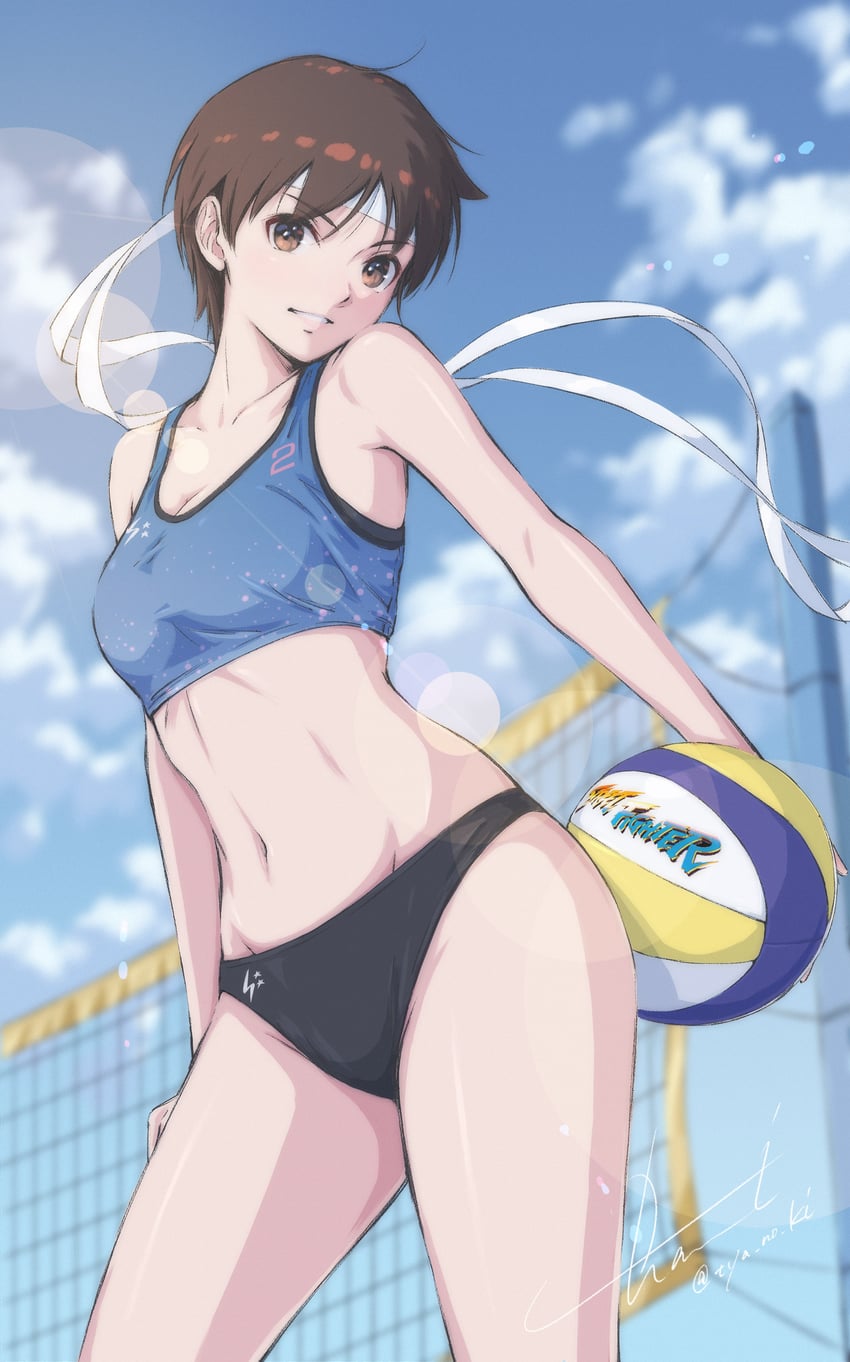 街头霸王、春日野樱 1名女孩 球 沙滩排球 黑色布鲁马/运动短裤 乳房