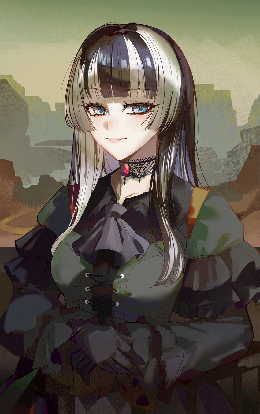 Hololive、hololive DEV_IS、蒙娜丽莎 1名女孩 阿斯科特领巾 黑色细领带 黑色连衣裙 黑色手套