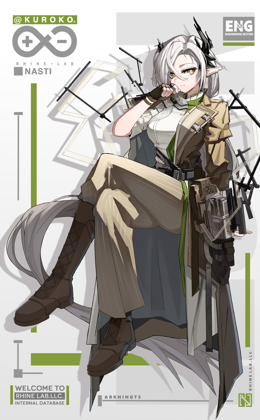 明日方舟、娜斯提 (明日方舟) 1名女孩 手放在背后 不对称角 黑色手套 黑角