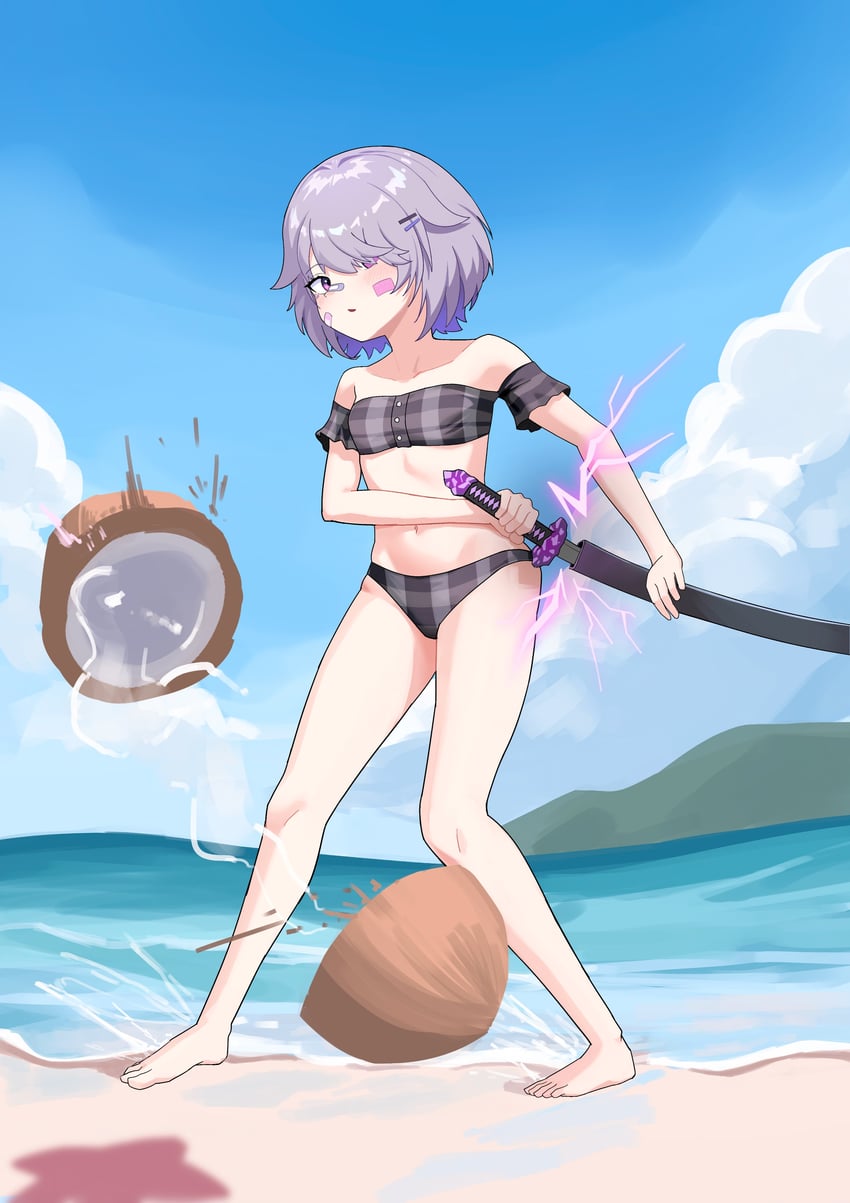 Hololive、Hololive英语、古石比珠 1名女孩 手臂横在腰上 创可贴 脸颊上的创可贴 脸上的创可贴