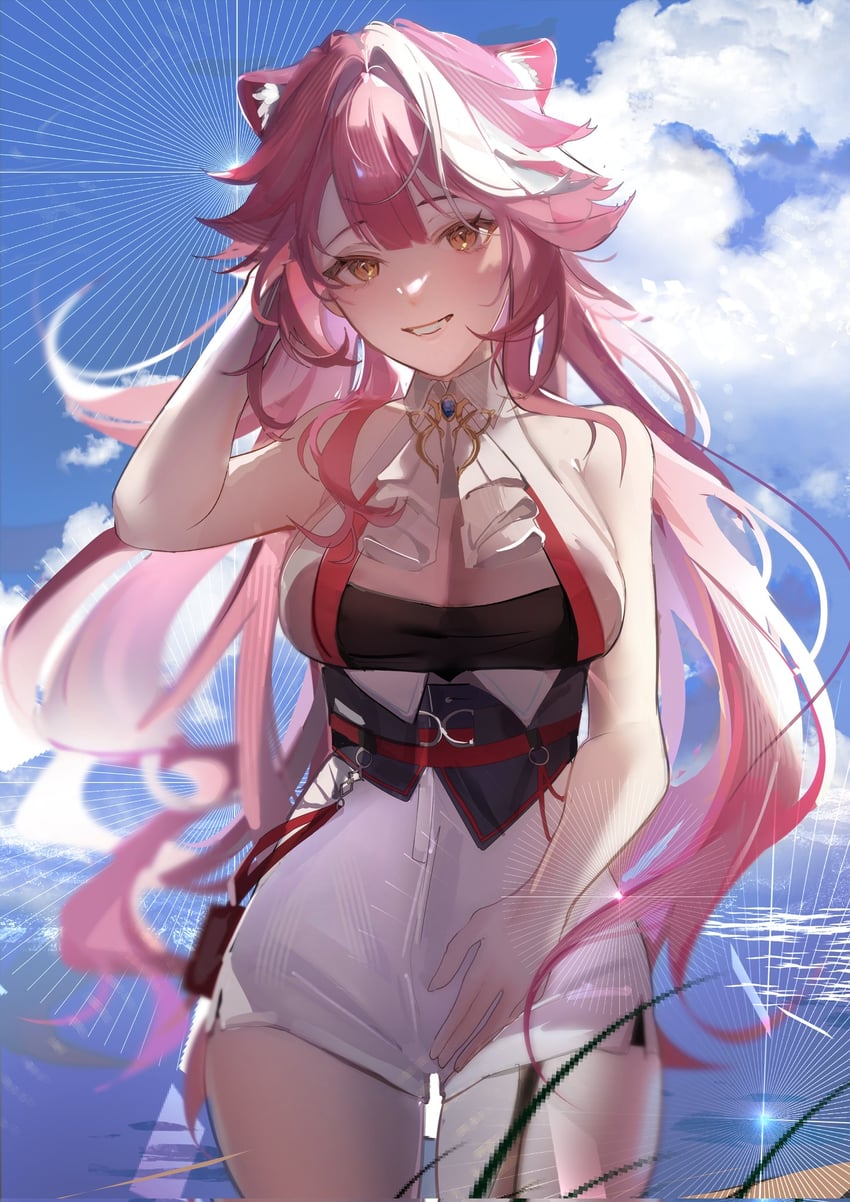 Hololive、Hololive英语、Raora Panthera (Hololive) 1名女孩 兽耳 阿斯科特领巾 黑色抹胸 蓝天