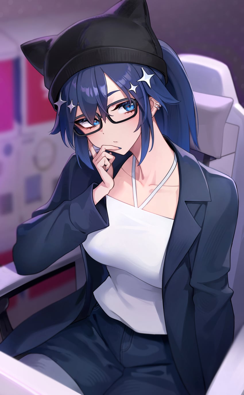 Hololive、Hololive英语、议会 (Kronii) 1名女孩 替换服装 不同发型 动物帽子 针织帽