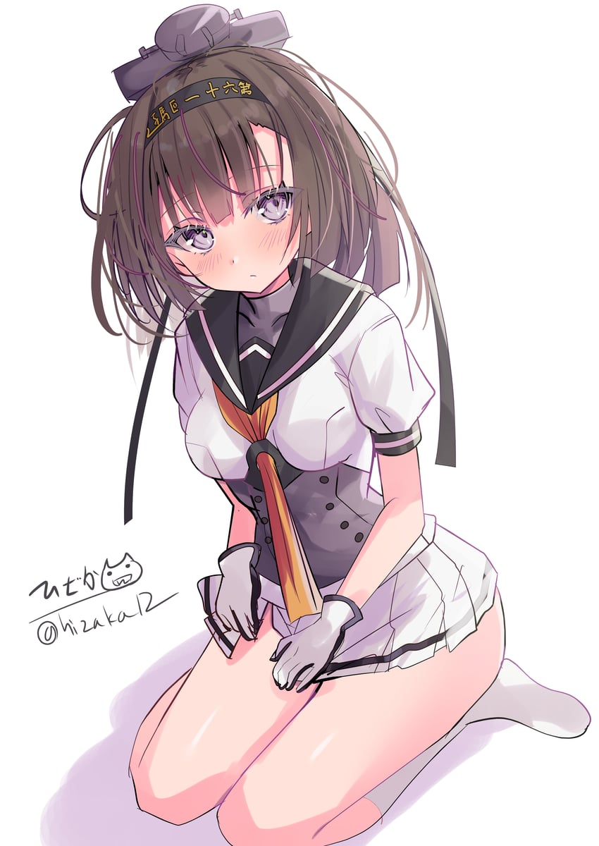 舰队Collection、秋月 (舰娘) 1名女孩 黑色发带 黑色水手领 脸红 乳房