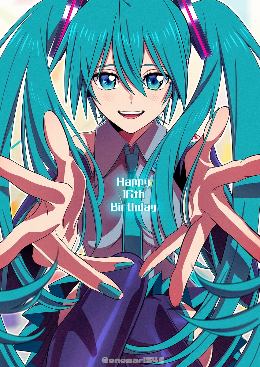 VOCALOID、初音未来 1名女孩 水色瞳 水色发 水蓝色指甲 水蓝色领带