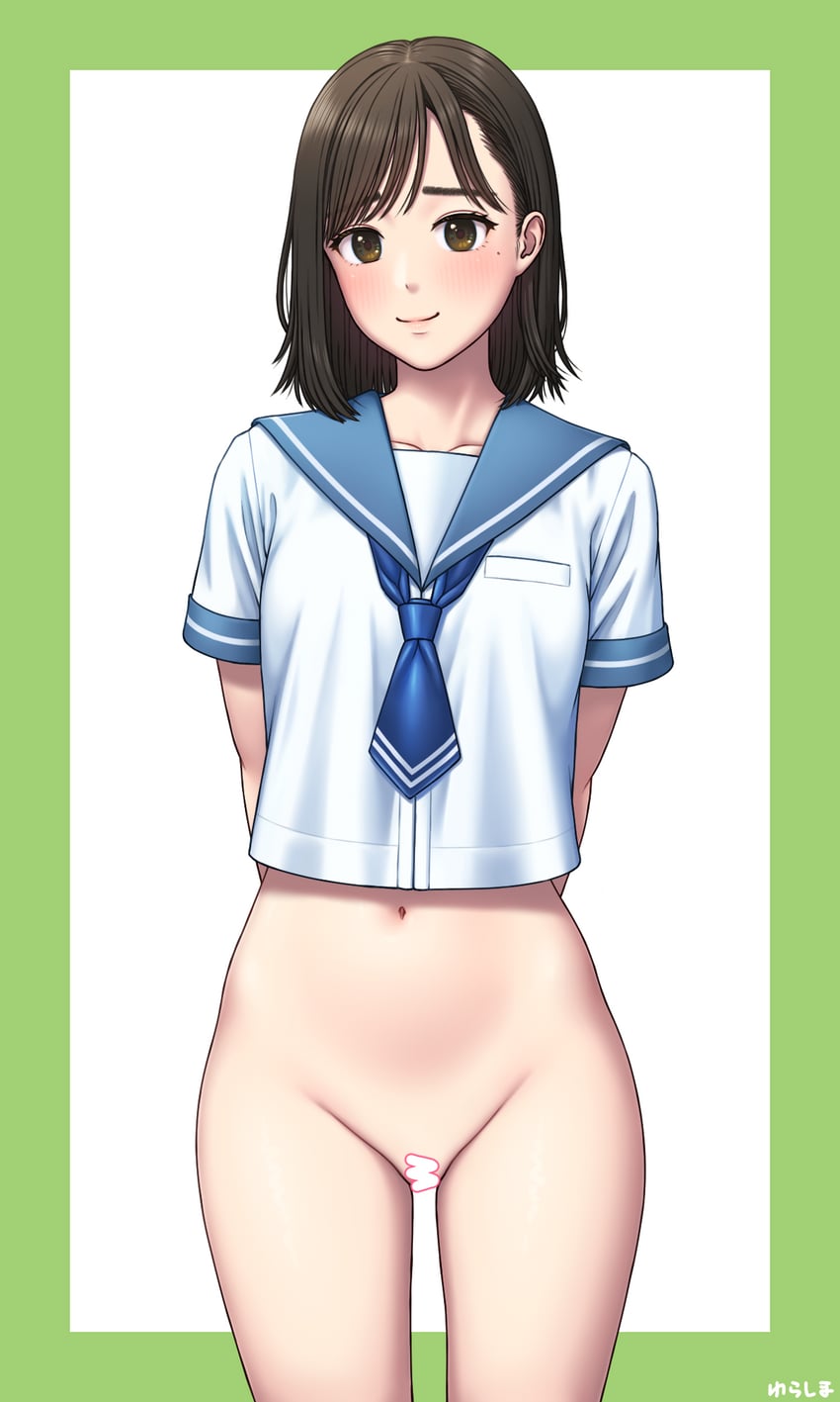 原创 1名女孩 双手背在身后 蓝色领带 蓝色水手领 脸红
