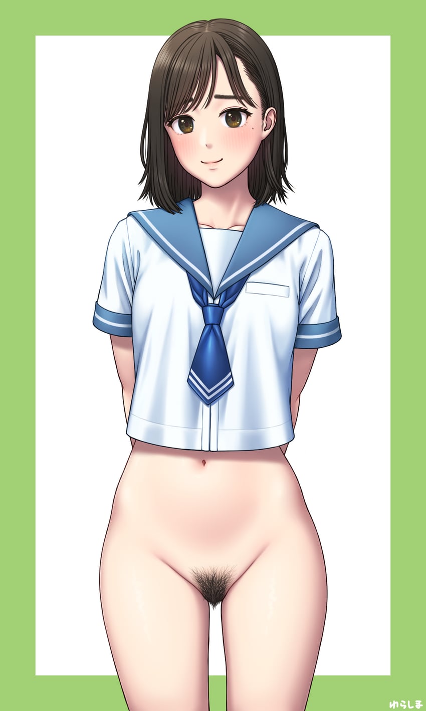 原创 1名女孩 双手背在身后 蓝色领带 蓝色水手领 脸红
