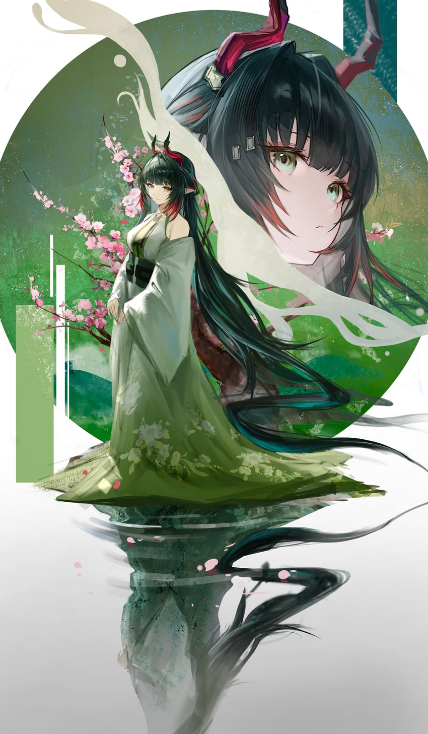 明日方舟、明日方舟：终末地、庄芳怡 (明日方舟) 1名女孩 水色发 露肩 黑发 黑角