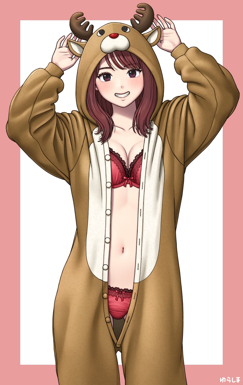 原创 1名女孩 动物兜帽 边框 蝴蝶结 蝴蝶结文胸