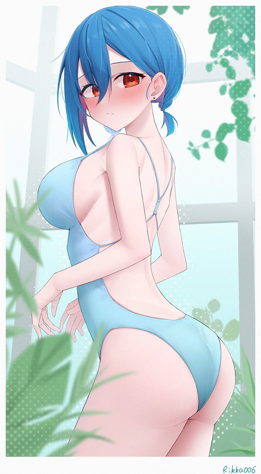 Love Live!、Love Live! Superstar!!、若菜四季 1名女孩 屁股 蓝发 蓝色连体泳衣 脸红