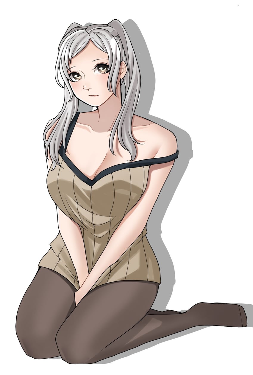 火焰纹章、火焰纹章：觉醒、鲁弗莱(女)(火焰之纹章) 1名女孩 露肩 腿间 黑色连裤袜 脸红