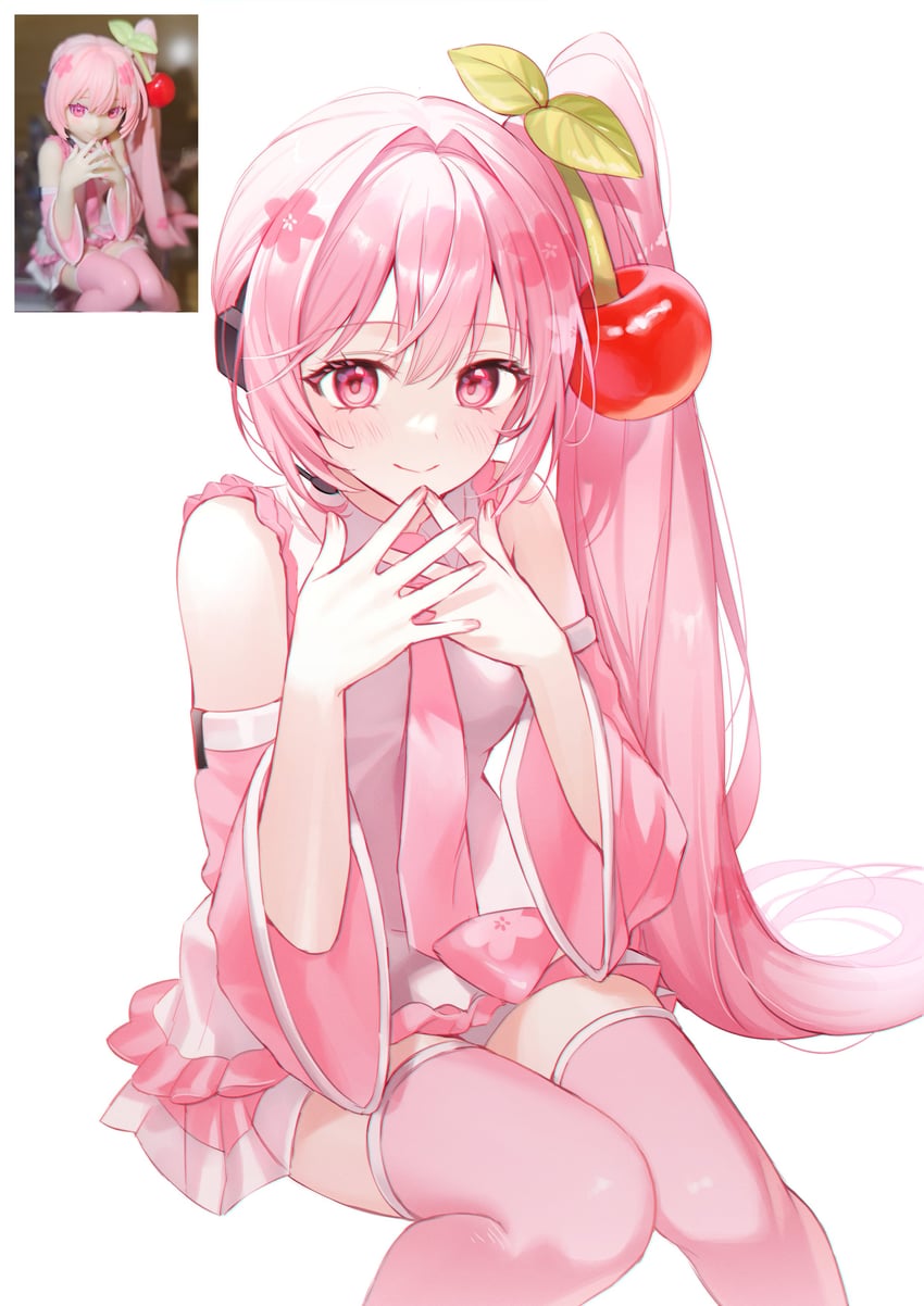 VOCALOID、初音未来、樱花未来 1名女孩 露肩 脸红 樱桃发饰 闭嘴