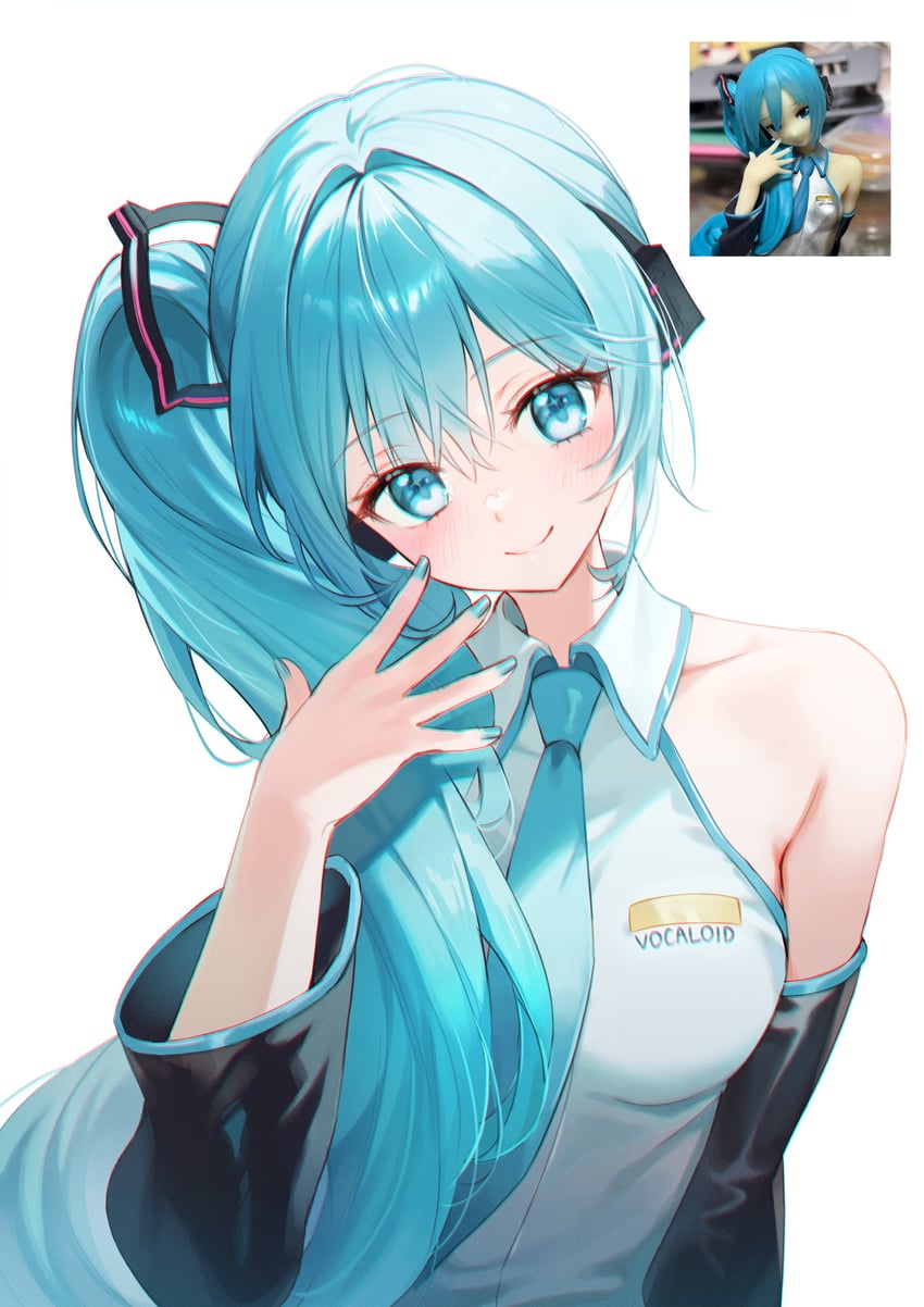 VOCALOID、初音未来、初音未来 (泡面压景品) 1名女孩 水色瞳 水色发 水蓝色领带 露肩