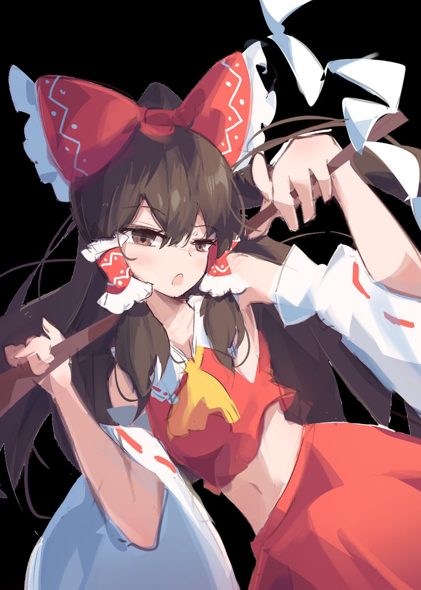 东方Project、博丽灵梦 1名女孩 阿斯科特领巾 黑色背景 蝴蝶结 棕眼睛