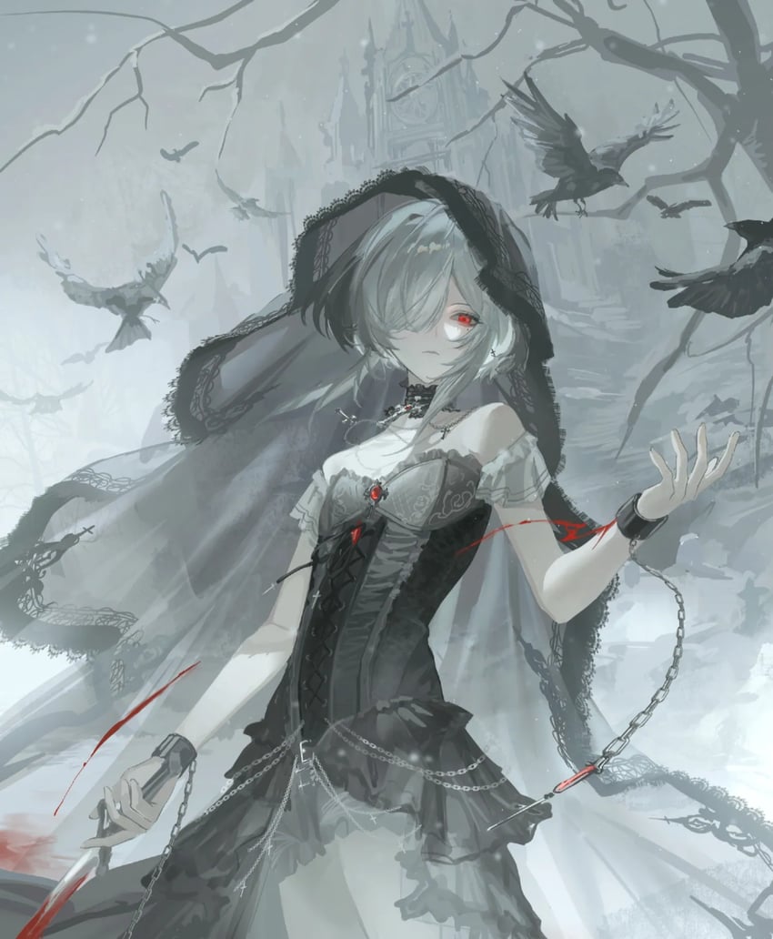 原创 1名女孩 白化 建筑 露肩 枯树