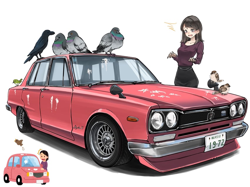 Irasutoya风格、原创 1名女孩 鸟 鸟粪 黑发 黑裤子