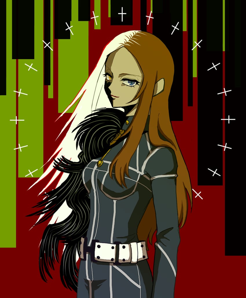 真·女神转生、真女神转生III：夜曲、橘千晶 (真女神转生) 1名女孩 腰带 黑色背景 蓝眼 棕发